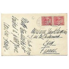 1923-Bilhete postal circulado para França com par de selos de 100Rs, Proceres, de bobina