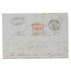 1865-Carta da França ao Brasil  com porte de 280Rs pago á chegada conforme cbo 