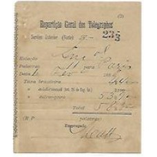Recibo de telegrama de 1888 para Paris, taxa  nacional de 4400Rs e estrangeira de 53900Rs