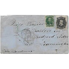 1868-Envelope do Rio para Inglaterra via Franca, porteado em 300Rs de acordo com a Convenção Brasil-França, com selos de 200Rs e 100Rs D.Pedro barba preta, carimbo "Rio de janeiro- Paq.Fr. J N 1"