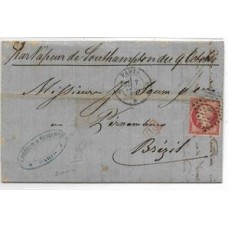 1860-Carta circulada da França para Pernambuco em outubro de 1860 porteada em 80 Centimes de acordo com a Convenção Brasil-França de 1860, com selo Napoleão sem denteação. Uma das mais antigas desta convenção