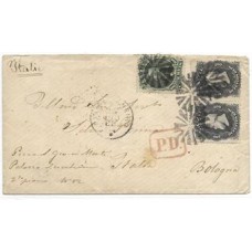 1868-Envelope circulado do Rio para Italia porteado em 500Rs com excesso de porte de 70Rs em relação ao porte previsto na Convenção Brasil-Italia de 1867, com par de 200Rs e selo de 100Rs D.Pedro barba preta
