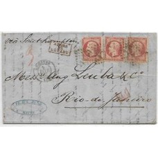 1867-Carta do Havre ao Rio, porteada em 2Fr40 com 3 selos de 80 Centimes Napoleon, cbo "Aprés le Depart", cbo "P.D." denotativo de porte pago até o destino, conforme o 3 porte da Convenção Brasil-França
