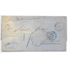 1868-Carta circulada da Bahia para Bremen, Alemanha , por vapor francês, ao abrigo da Convenção Brasil-França com marca de intercambio "F-42" denotativa de cartas para a Alemanha, porte de 17,5 Silvergrosnhen pago no destino