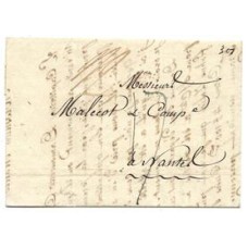 1823-Carta de Pernambuco a Nantes via Inglaterra , porte inglês de 1 shilling e 2 pence lançado á mão em sepia  e porte francês de 17 decimos sendo 1 da entrada maritima  e 16 pelo trajeto interno.