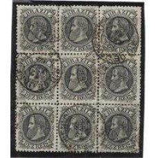 51-10Rs D.Pedro "Cabeça Grande", bloco de 9 selos, usado. Raro.