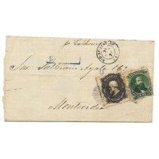 1875-Capa de carta do Rio para Montevideo porte de 300Rs de acordo com o item VI do Aviso Publico de 1867  e porte Uruguaio de 10 centavos batido em azul