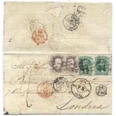 1874-Carta do Rio para Londres via França porteada em 240Rs de acordo com o Aviso Publico de 1867 com 2 selos de 100Rs e 2 selos de 20Rs Castanho carminado , D.Pedro .