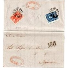 1869-Carta da Bahia para Portugal por vapor francês, porte de 60Rs de acordo com a Convenção Brasil-França com selos de 50 e 10Rs D.Pedro , porte maritimo português de 150Rs