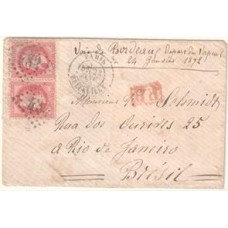 1872-Envelope circulado  de Paris para o Rio de janeiro porteada em 1F60 de acordo com o 2º porte da Convenção Brasil-França  com 2 selos de 80 centimes Napoleon III, carimbo "P.D."  em vermelho.