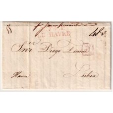 1825-Carta de Pernambuco para Lisboa por navio francês até Le Havre conforme carimbo "P.74 P.Le Havre" encaminhada por agente de despacho "Acheminée  par Martin Laffitte", porte português de 480Rs