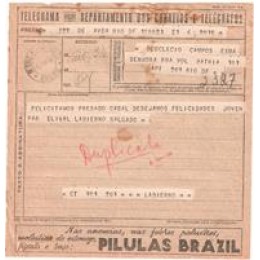 1940-Telegrama com publicidade das Pilulas Brazil, nas Anemias, Febres Palustres , Figado e Baço.